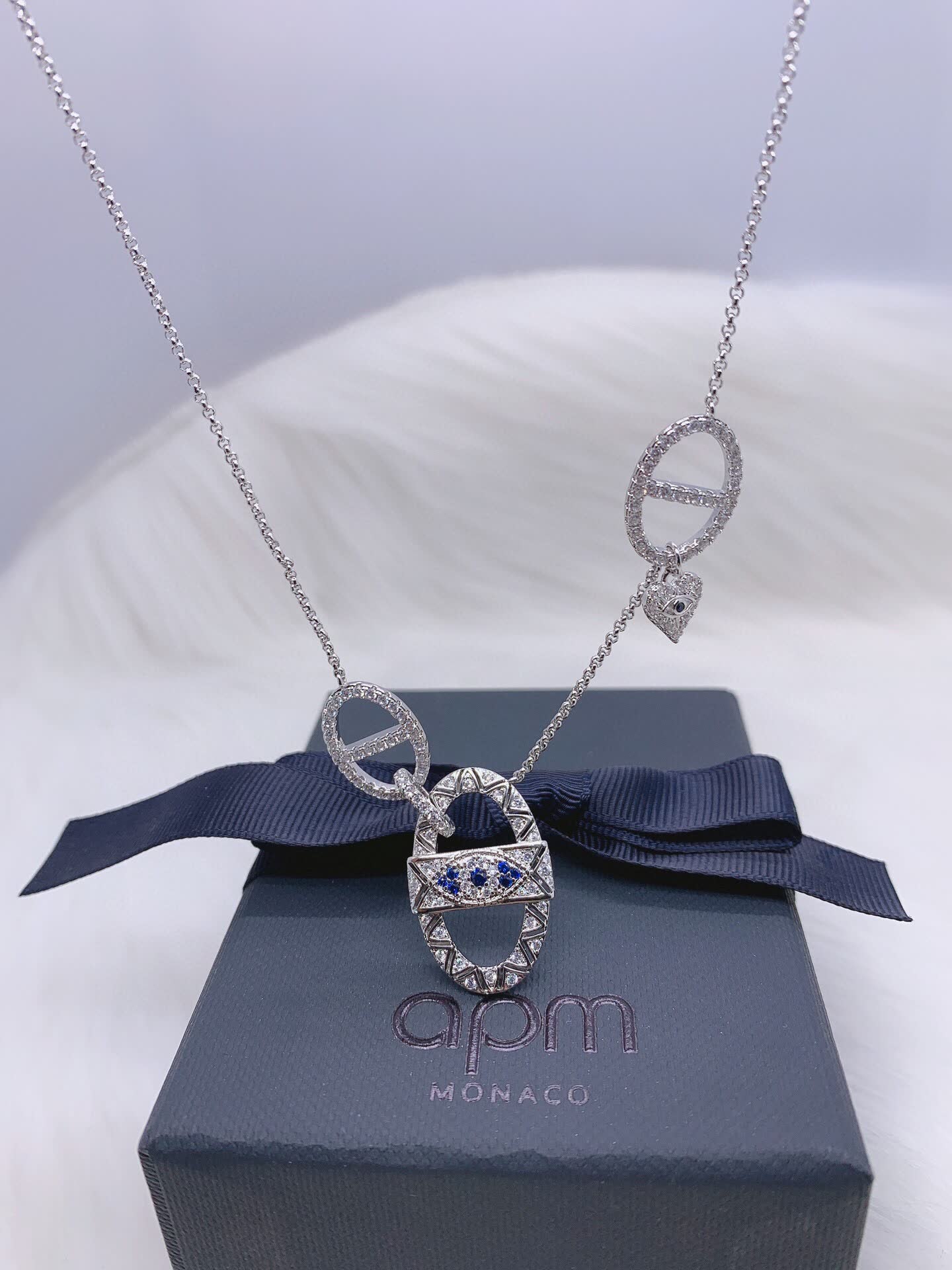 APM Monaco Silver Evil Eye Necklace with Diamond Accents